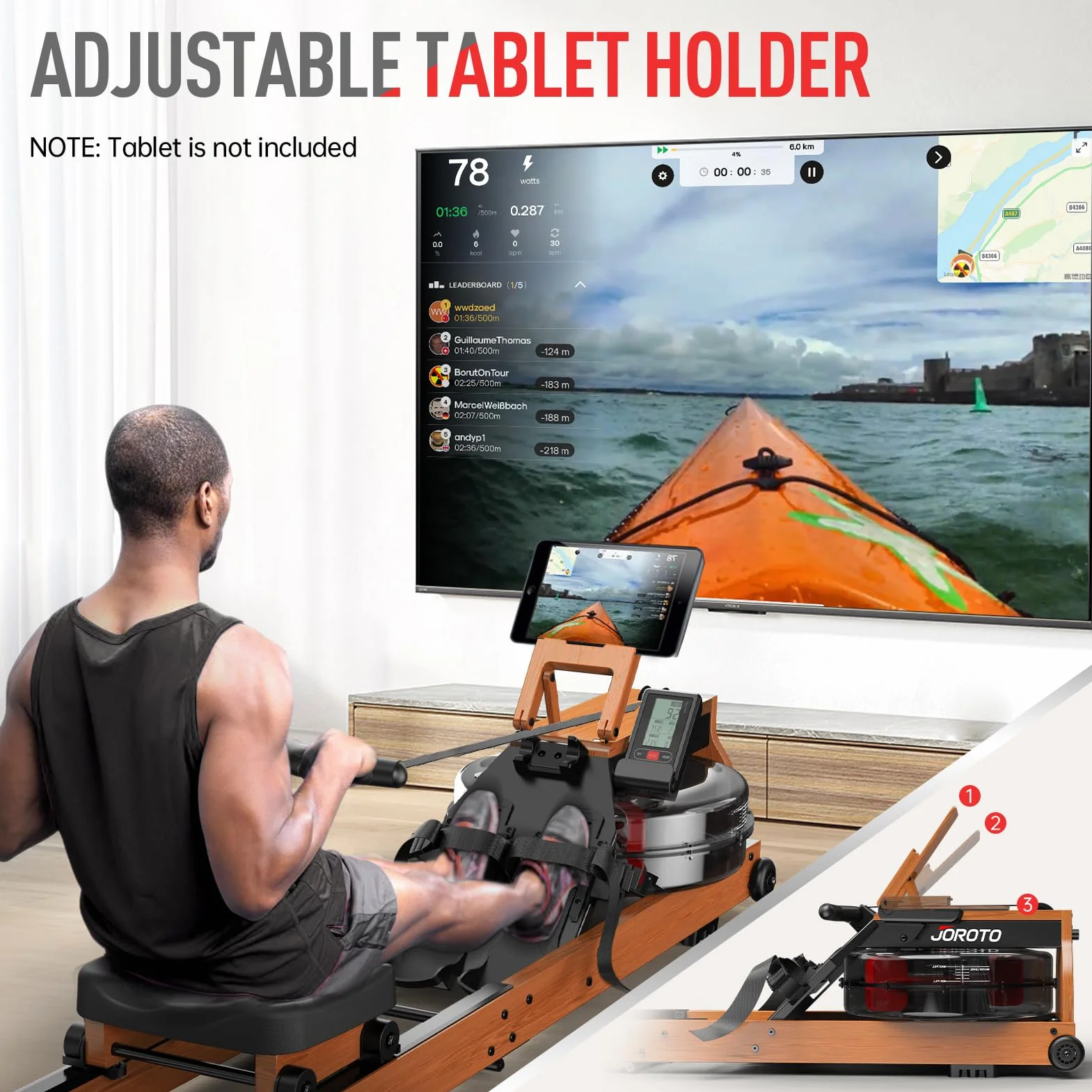 JOROTO Vogatore ad Acqua per casa, Vogatore Pieghevole in Legno di Quercia Capacità di Peso di 150kg con Monitor Bluetooth, Supporto per Tablet Regolabile