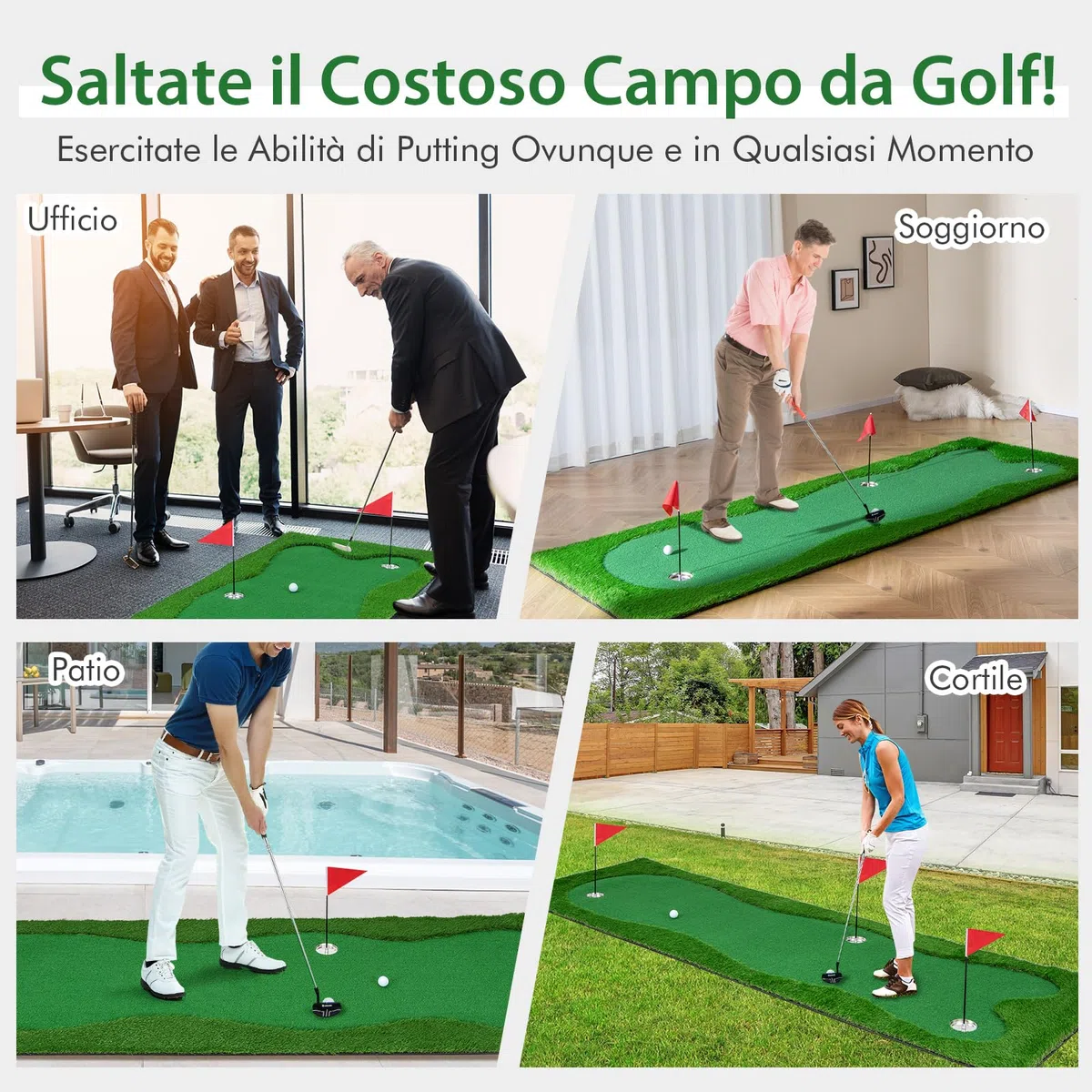 COSTWAY Tappetino da Golf Professionale, Campo da Golf con Erba Artificiale Realistica, 3 Buche, 3 Bandierine e Tazze per l'Allenamento Interno ed Esterno, 300 x 100 CM