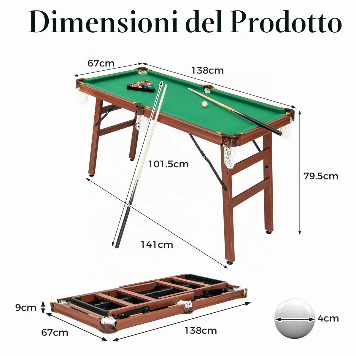 HOMASIS Tavolo da Biliardo Pieghevole, Mini Biliardo Portatile con 2 Tacche, 16 Palline, 2 Gessi, Triangolo, Spazzola, Gambe Regolabili, da Casa, Bar, per Bambini e Adulti, 138 x 67 x 79,5 cm