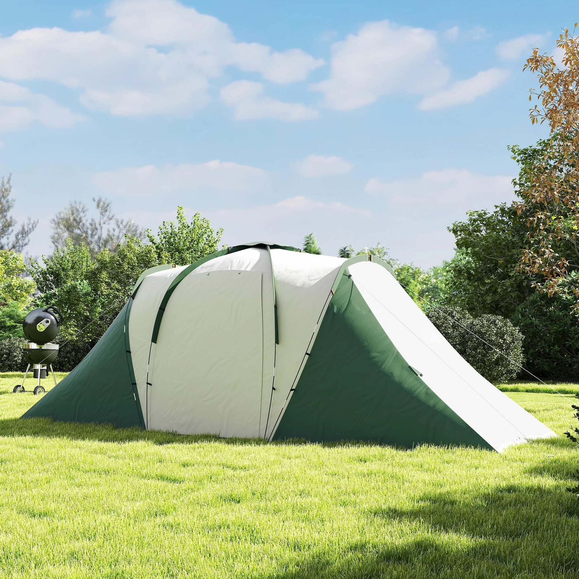 Outsunny Tenda da Campeggio 4-6 Persone con 2 Camere e Zona Soggiorno, Tenda da Esterno a 2 Porte, Resistente all'acqua e ai Raggi UV, con Borsa da Trasporto, 555x225x190 cm, Grigio e Verde