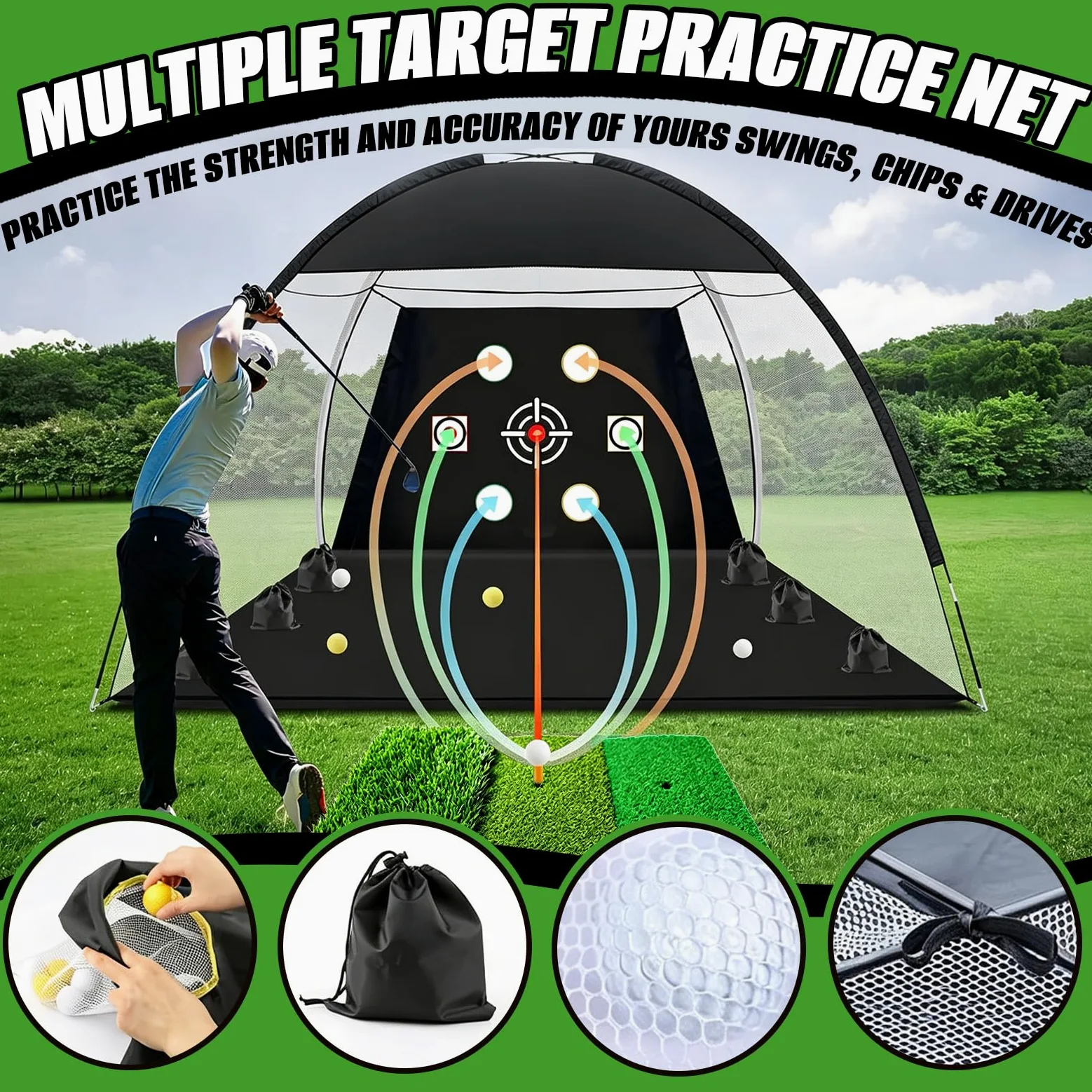 Rete Pratica da Golf 3 x 2,1m, Rete Pratica di Oscillazione per Esterni con Tappetino per Colpire, Reti di Aiuto per l'allenamento del Golf per l'allenamento Chipping in Giardino o Campo Pratica