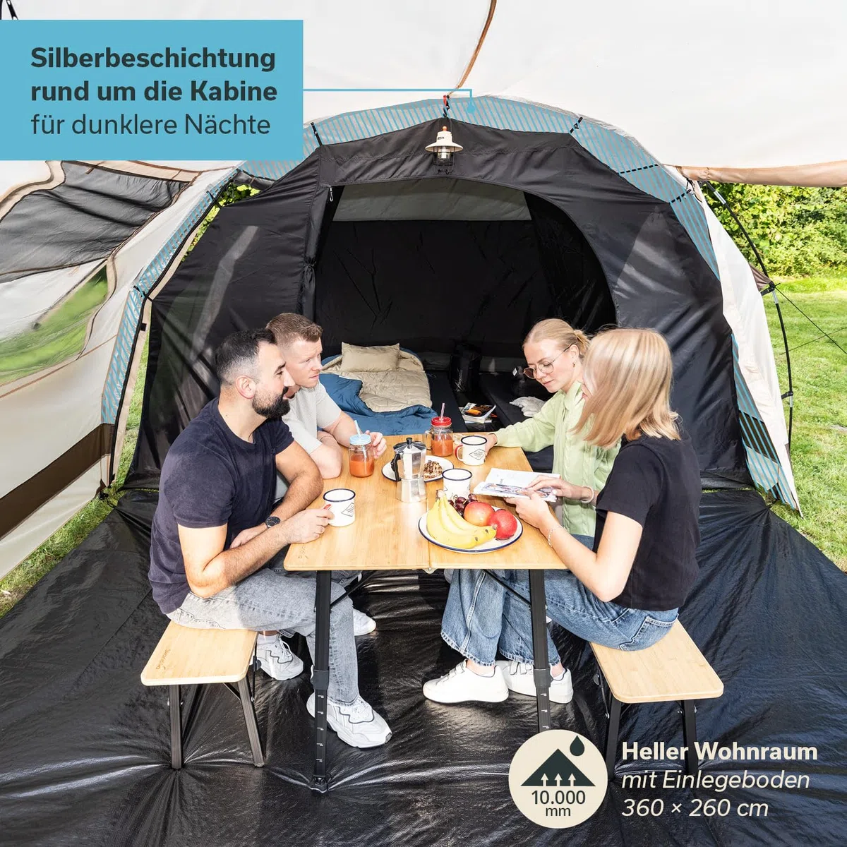 Skandika Kambo - Tenda de campeggio tunnel - Cabina letto per 6/8/12 persone - Impermeabile con 3000 colonne d'acqua - 2 m di altezza - 3 ingressi - tenda da sole