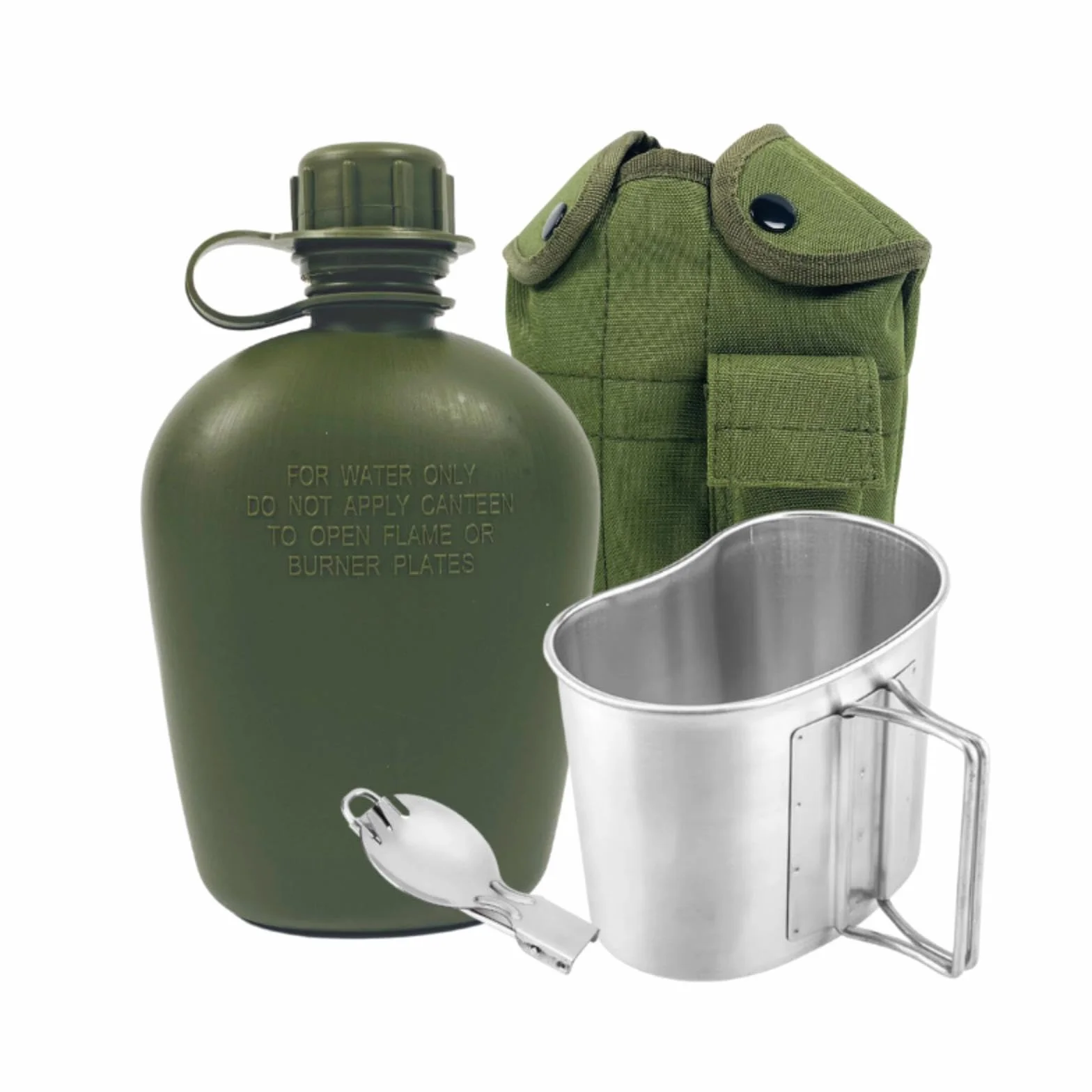 BeGrit Borraccia Militari 1 Litro con Guscio Set Gavetta Militare con Scoop e Tazza Manici Ripiegabili Gourde Militari 3 Pezzi Kit Militare Pentole Campeggio Tazza Scout per Escursioni Zaino, Verde
