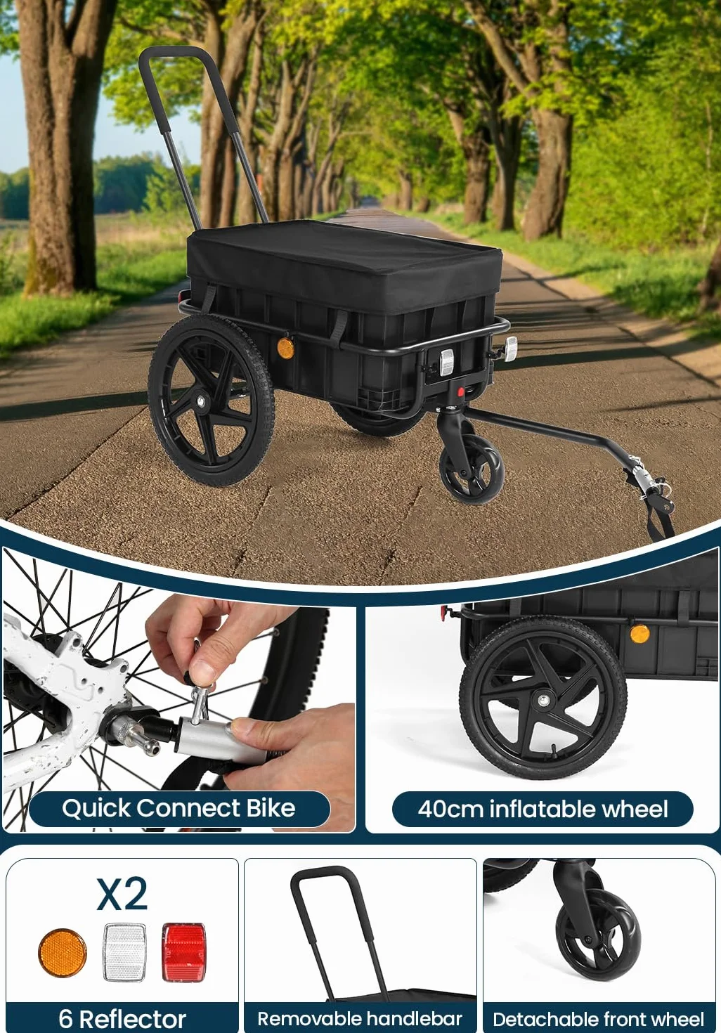 SEPNINE 2 in 1 Rimorchio per biciclette, Rimorchio per carico, Carrello a mano con manico di spinta, Telaio in ferro, Pneumatici da 40 cm, Capacità di carico di 40 kg