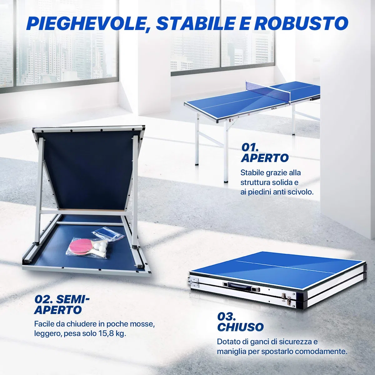 YM Tavolo Ping Pong Pieghevole Mini Ninja Richiudibile in Valigetta, Portatile e Compatto, Telaio in Acciaio con Tubolari da 25mm. Incluse Racchette e Palline. Dimensioni Aperto: cm 150 x 67 x 69