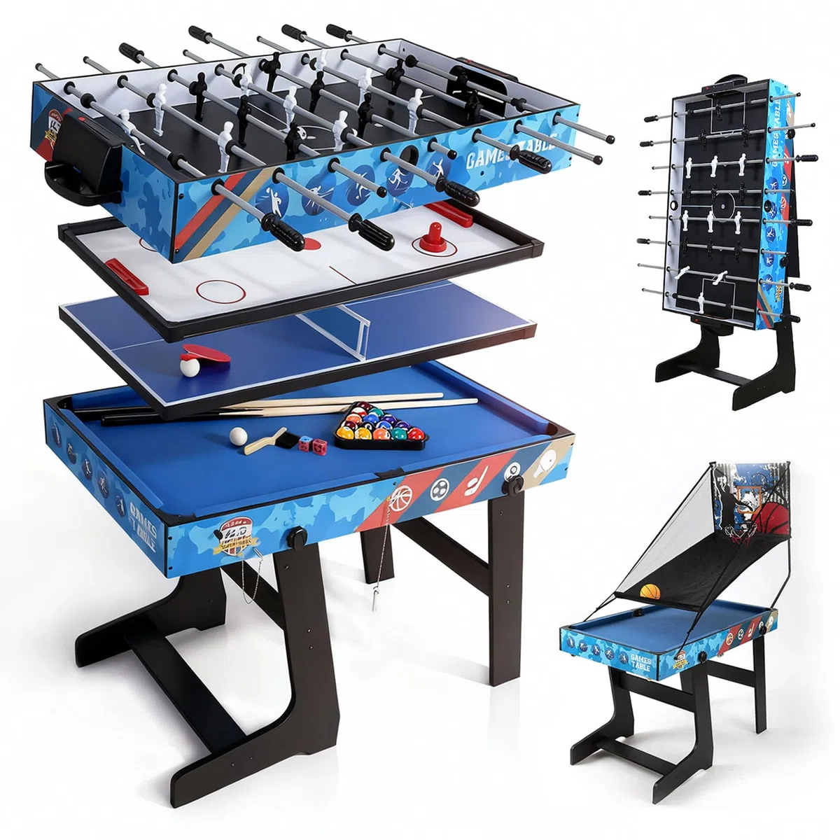 Set da tavolo multi-gioco 5 in 1 per bambini, ping-pong, biliardo, biliardino, hockey su scivolo, tiro al basket interattivo genitore-figlio regalo perfetto per i bambini (lunghezza 1,2 m)