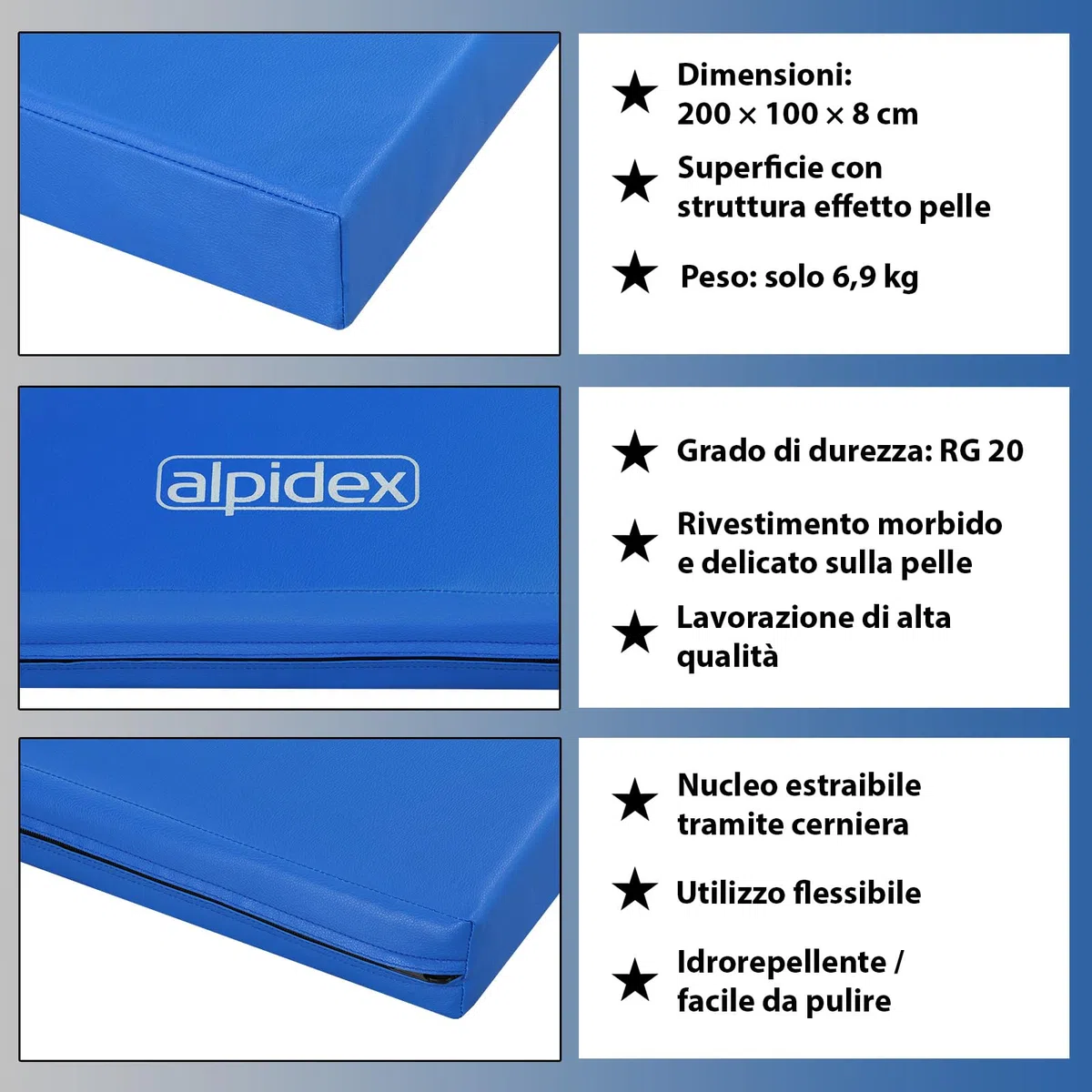 ALPIDEX Materassino da sport 200 x 100 x 8 cm stuoia da ginnastica protezione con fondo antiscivolo RG 20 (molto morbido)