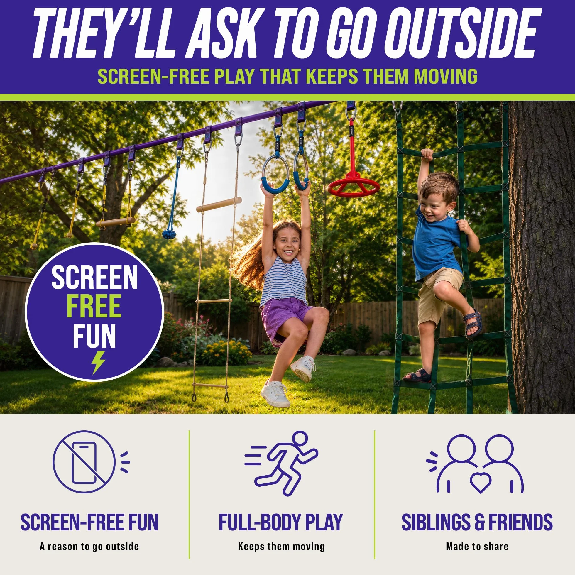 Trailblaze Ninja Line Hanging Obstacle Course for Kids - 40' Set for Backyard American Ninja Warrior Obstacles - Slackline Monkey Bars Kit + Tree Protectors - Carry Bag Included