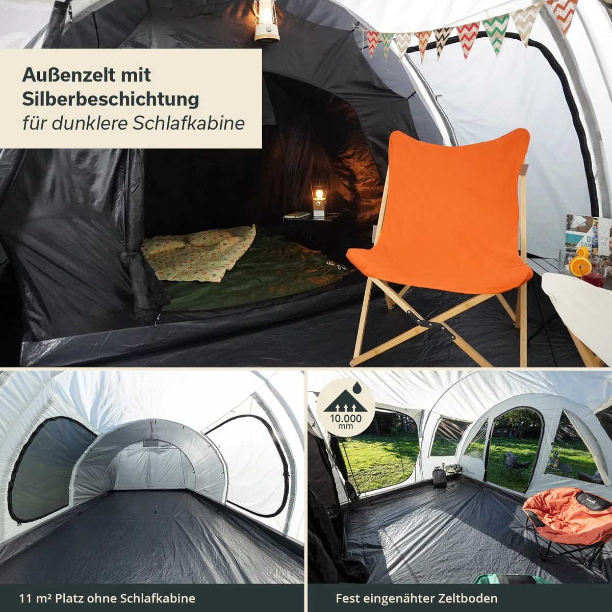 Skandika Simo 4/5 Protect | Tenda da campeggio familiare a tunnel, fondo cucito, colonna d'acqua 3000 mm, cabine oscurate, zanzariera, 3 ingressi