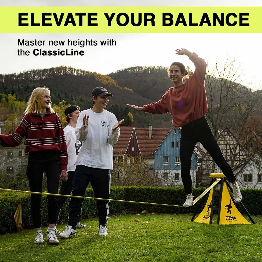 Gibbon Slacklines, Independence Kit Classic, con 2 Slackframes, 2 picchetti a Vite di Ancoraggio a Terra da 70 cm e la celebre Classic Line da 15 m