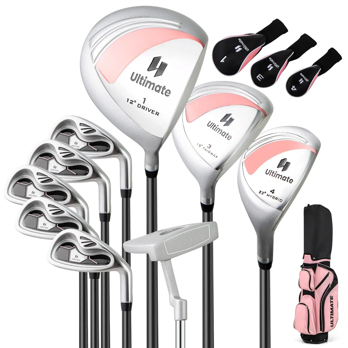 GYMAX Set di Mazze da Golf per Donna con Sacca Portatile, Kit Completo di 10 Pezzi per Donna con Driver 460 cc in Lega, Legno 3 di Fairway, Ibrido 4, Ferro 6 7 8 9 e Putter, Rosa