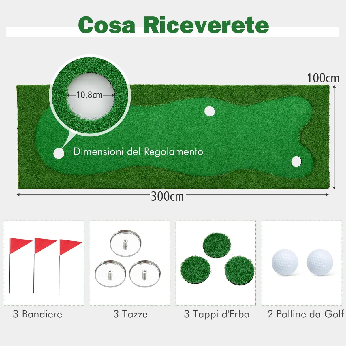 COSTWAY Tappetino da Golf Professionale, Campo da Golf con Erba Artificiale Realistica, 3 Buche, 3 Bandierine e Tazze per l'Allenamento Interno ed Esterno, 300 x 100 CM
