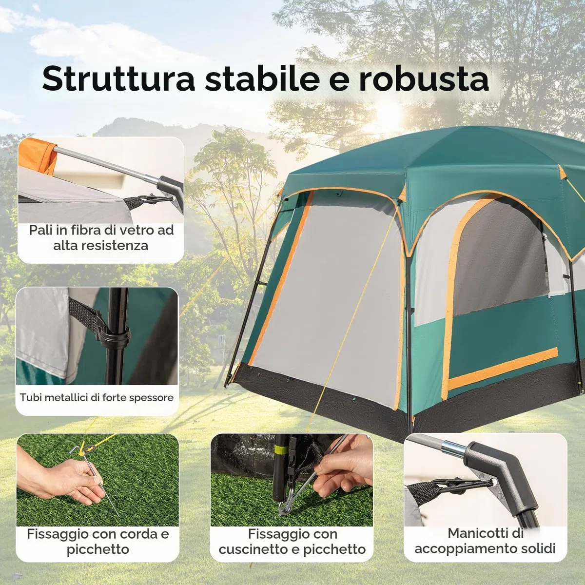 HOMASIS Tenda a Tunnel per 4-6 Persone con 2 Divisori e 3 Ingressi, Tende con Avancorridoio e Tappetino, Tenda Familiare con Borsa per il Trasporto per Campeggio, Trekking e Escursioni