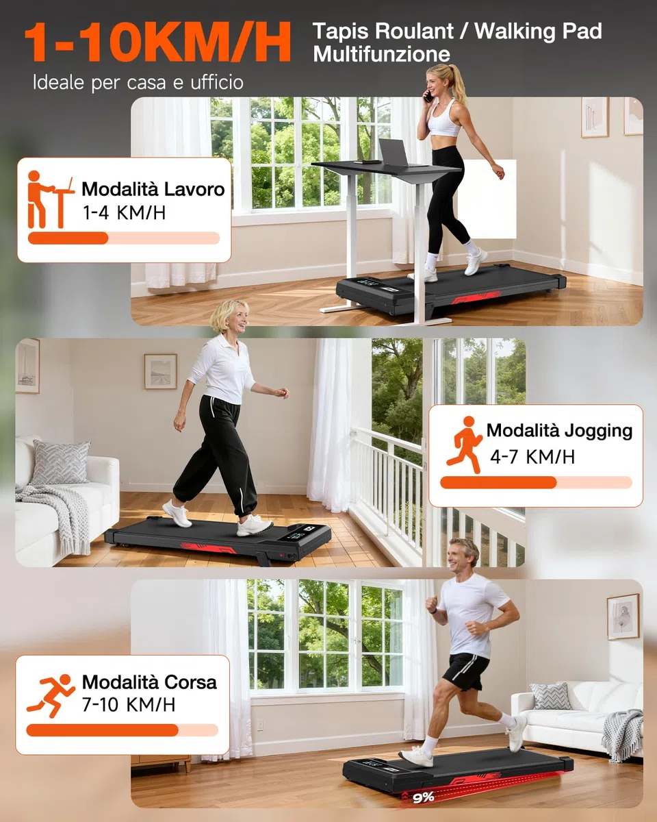 Tapis Roulant Elettrico Pieghevole 3 in 1 con Inclinazione 9%, Walking Pad 1-10 km/h, Motore Brushless Silenzioso 3,0 HP, Portata 140 kg, Display LED, Ammortizzato, Salvaspazio Casa Ufficio