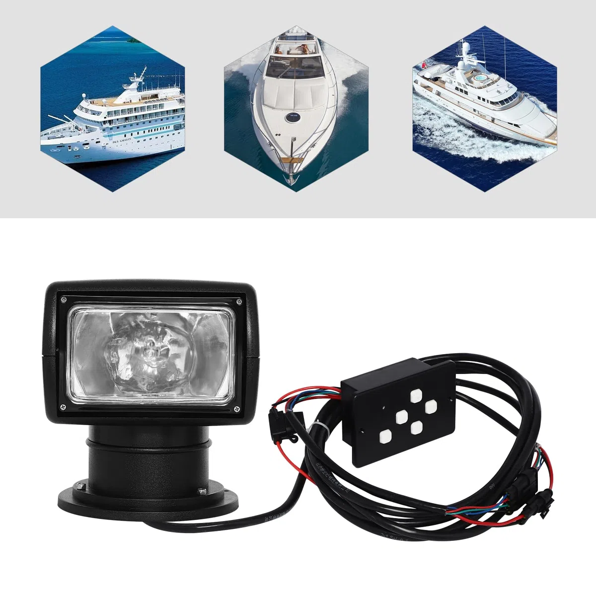 Faro di ricerca radiocomandato da 100 W, distanza di illuminazione 800 m, girevole a 355°, lunghezza del cavo di alimentazione, 4,5 m, adatto per navi notturne, pattuglie, polizia acquatica, barche da