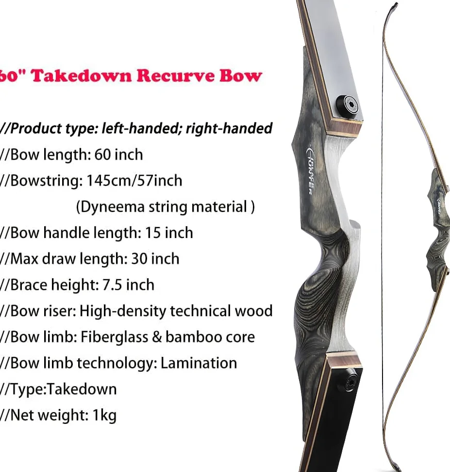 Tiro con l'arco 60" Black Hunter Original Recurve Bow Set American Hunting Longbow arco di legno 20-60lbs destra/sinistra per tiro con l'arco caccia tiro pratica