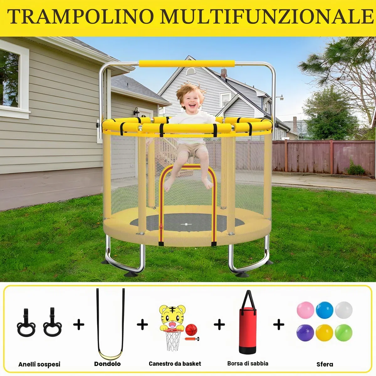 Trampolino per bambini da 140 cm per interni/esterni, capacità di carico 50 kg, con rete di sicurezza, barra da ginnastica regolabile e canestro da basket, regalo per bambini e bambine