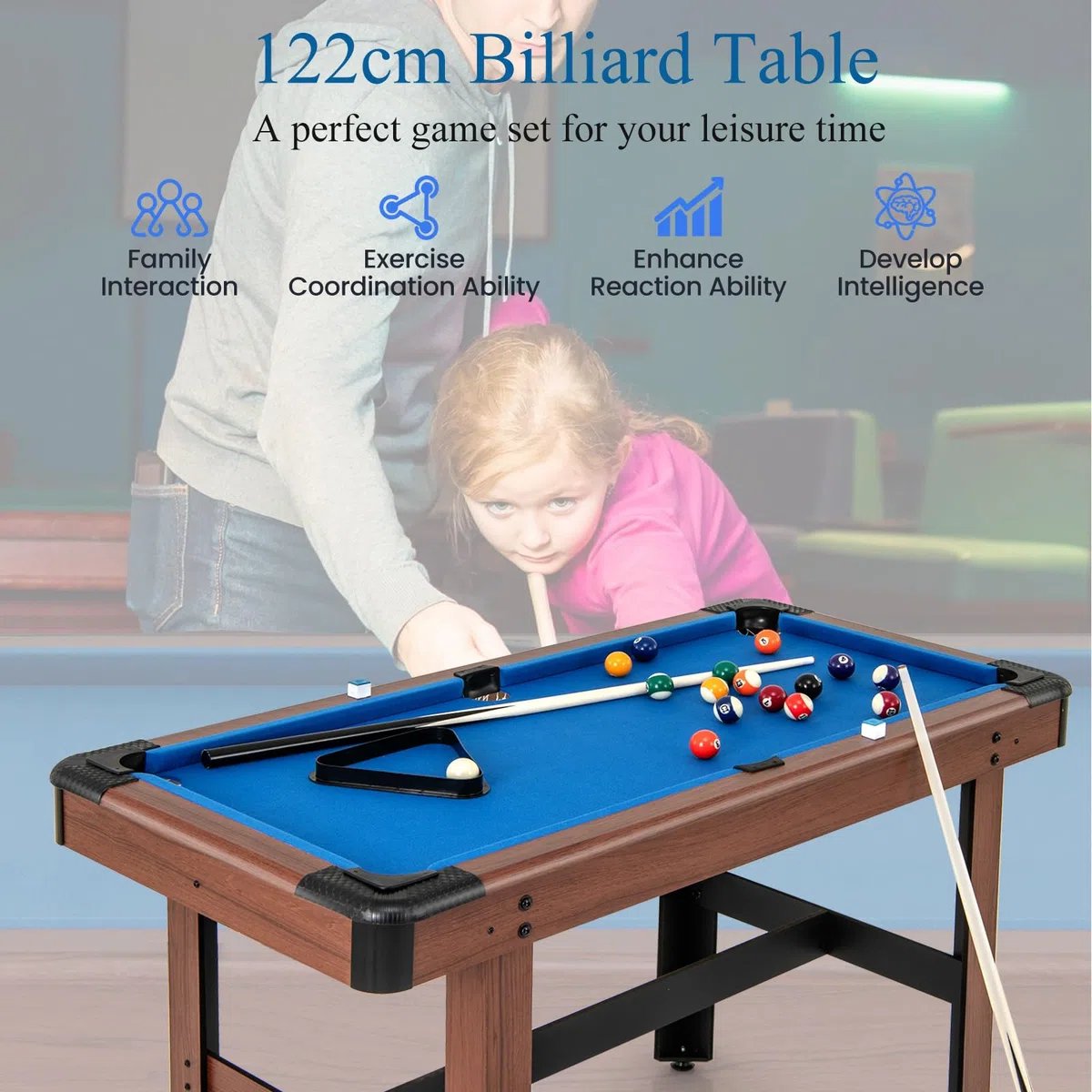 HOMASIS Tavolo da Biliardo, Mini Tavolo da Biliardo in Legno con 16 Palline, 2 Steccole, 2 Gessi, Triangolo, Spazzola, Gioco da Carambola da Casa, Bar, per Bambini e Adulti, 122 x 61 x 76 cm