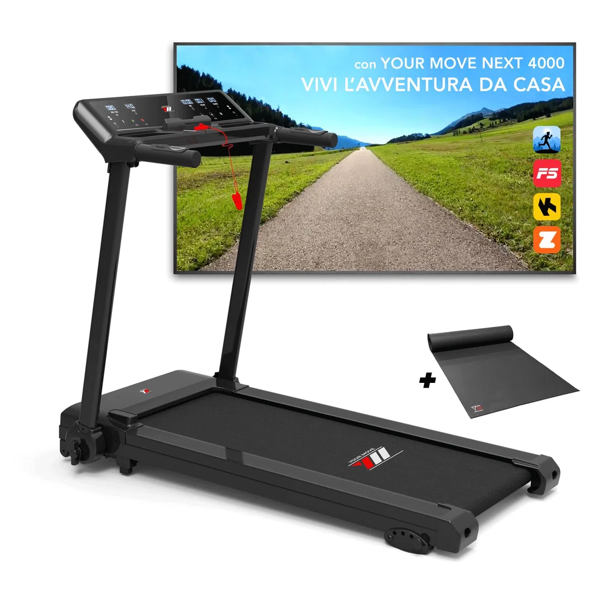 YM Tapis Roulant Salvaspazio 16 km/h, Marchio Italiano, Inclinazione, APP Compatibili, Pieghevole, Ampia Superfice, 2 Sistemi Controllo (TASTI + GESTUALE) Brevettato, NEXT 4000 Your Move