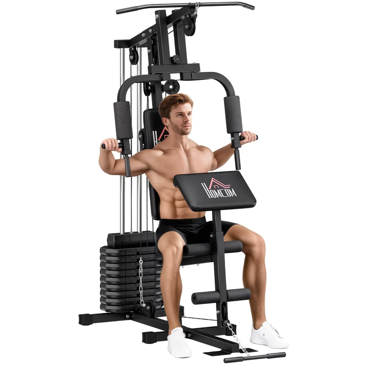 HOMCOM Stazione Fitness Multifunzione Power Tower con Pesi fino 45kg e Panca Imbottita per Allenamento a Casa e Professionale, per Chest Press, Lat Pull Down
