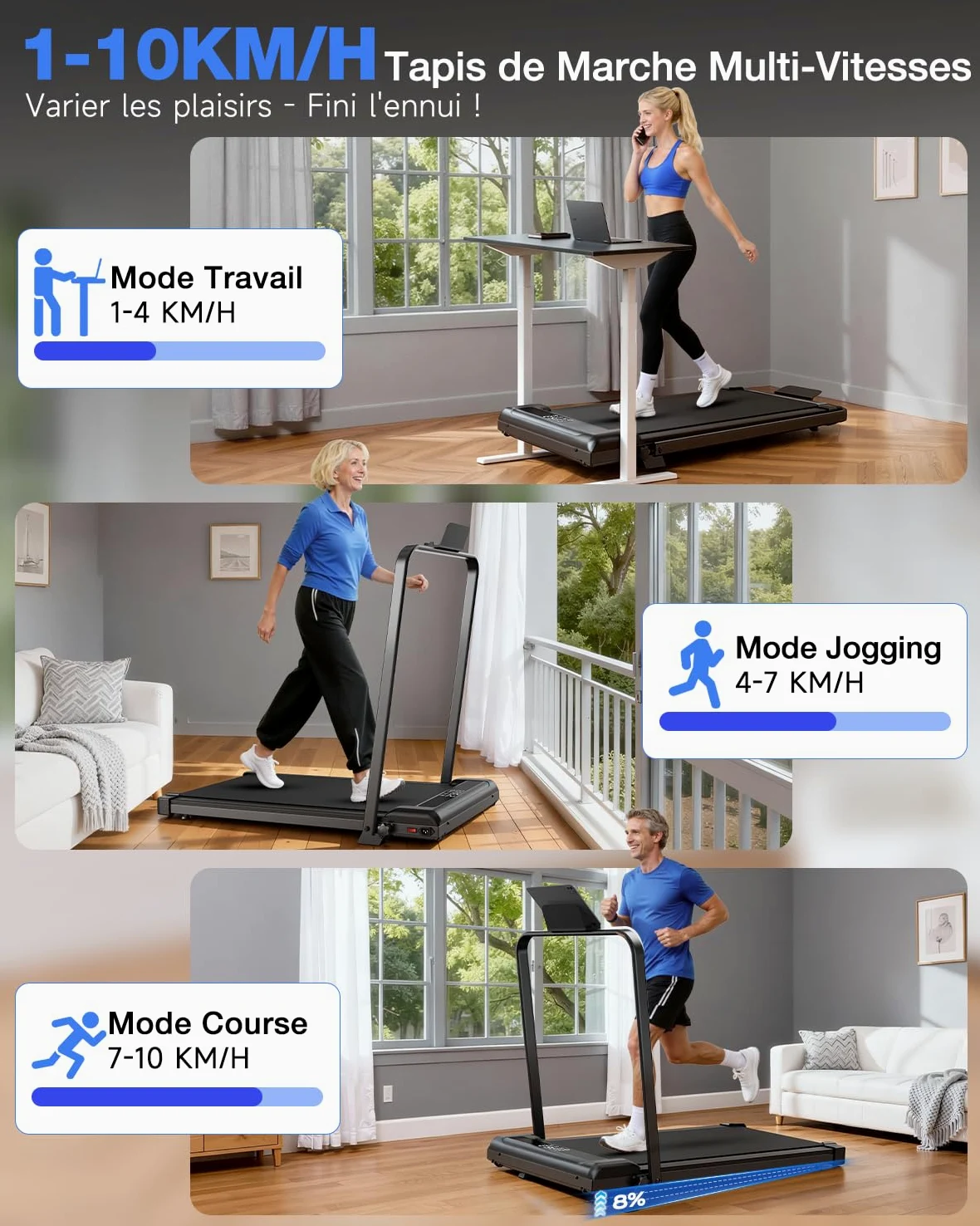 Tapis Roulant Elettrico 4 in 1 Pieghevole con Inclinazione 8% – 3.0CV Motore Silenzioso, 10 km/h, Sistema di Ammortizzazione, Schermo LED, Salvaspazio per Casa e Ufficio