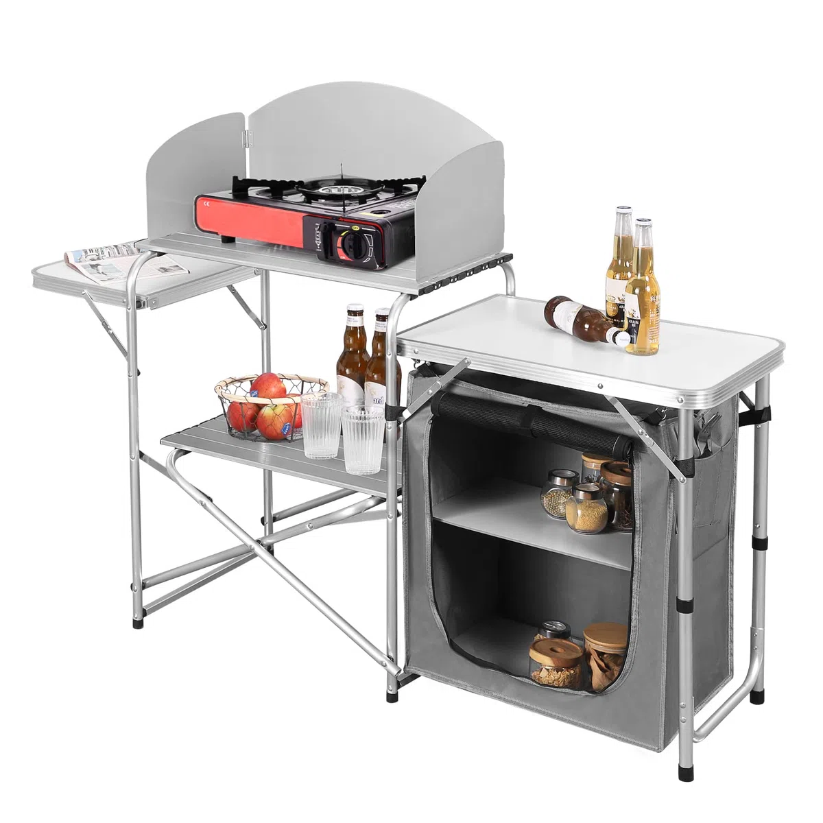 WOLTU Mobile Cucina da Campeggio Tavolo Pieghevole da Giardino Armadio da Campeggio Tavolo Campeggio Tavoli a Valigetta da Balcone da Cucina in Alluminio e MDF con Sacca di Trasporto