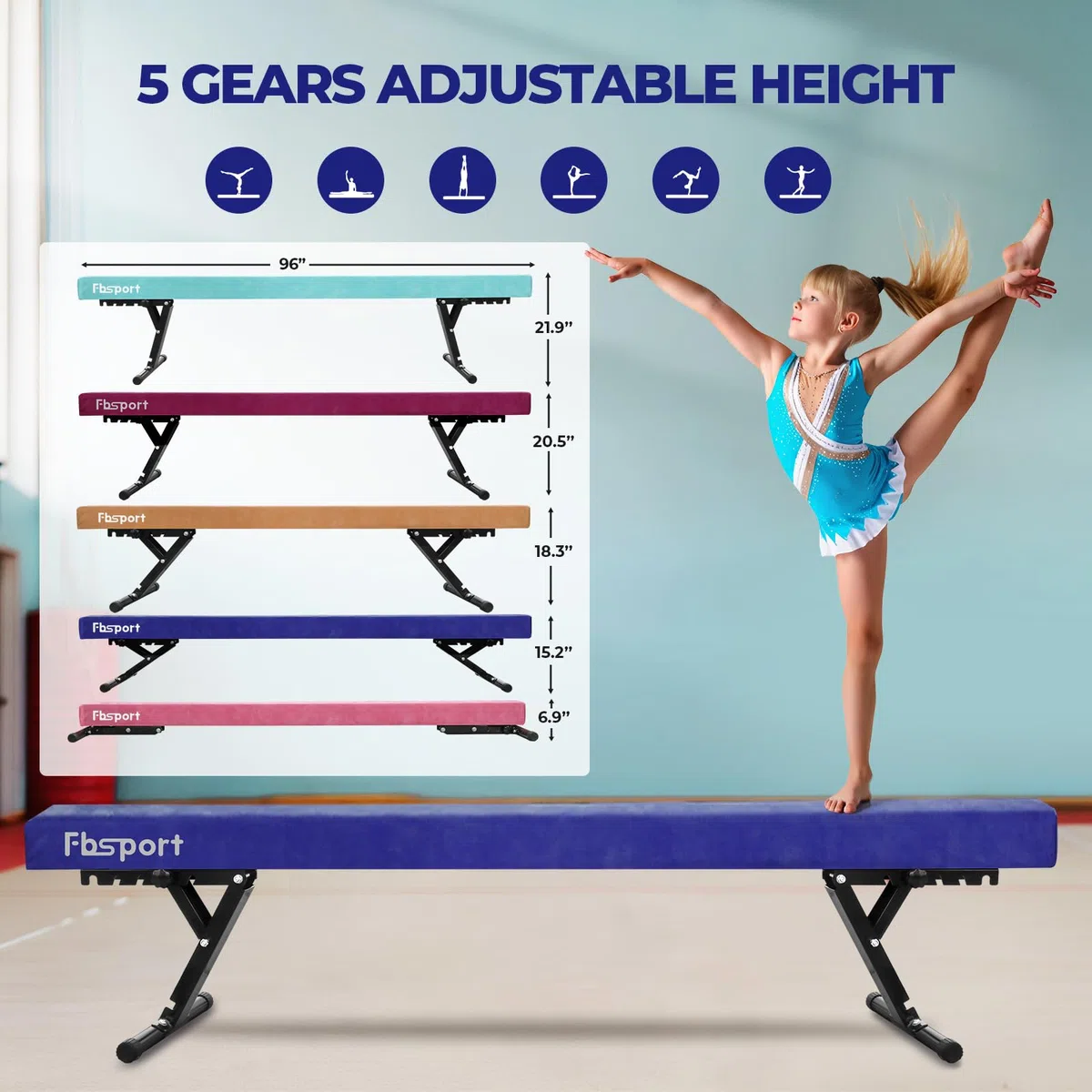 trave ginnastica artistica per casa Regolabile 244CM, 5 altezza regolabiletrave ginnastica trave di equilibrio ginnastica ad alto e basso livello Fascia da pavimento Altamente stabile per bambini