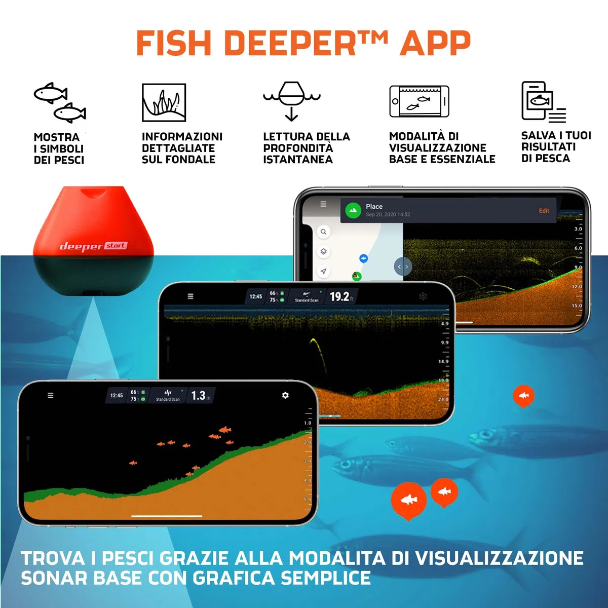 Deeper START Smart Fish Finder – Ecoscandaglio da Pesca Portatile, Ideale per Pesca Sportiva da Scogli, Riva o Spiaggia, Cerca Pesci da Lancio, Trova Pesci,Con App GRATUITA compatibile con Smartphone