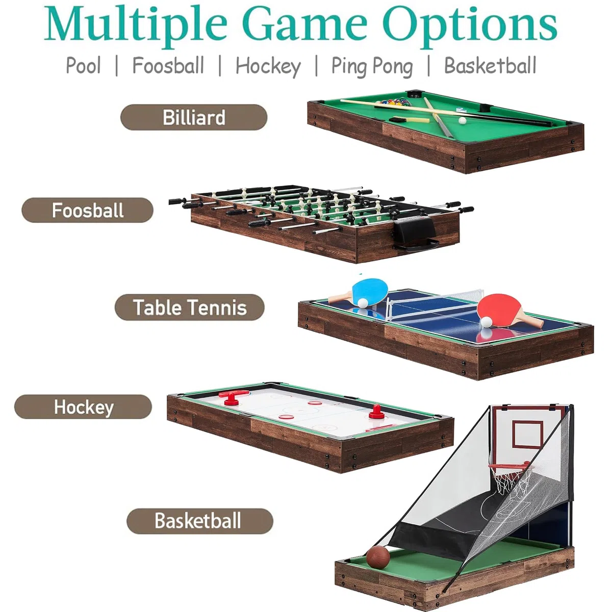 5 IN 1 Tavolo da gioco multifunzione, tavolo da gioco sportivo combinato per bambini Tavolo da biliardo,biliardino,ping pong,air hockey e pallacanestro con tutti gli accessori Grande regalo per