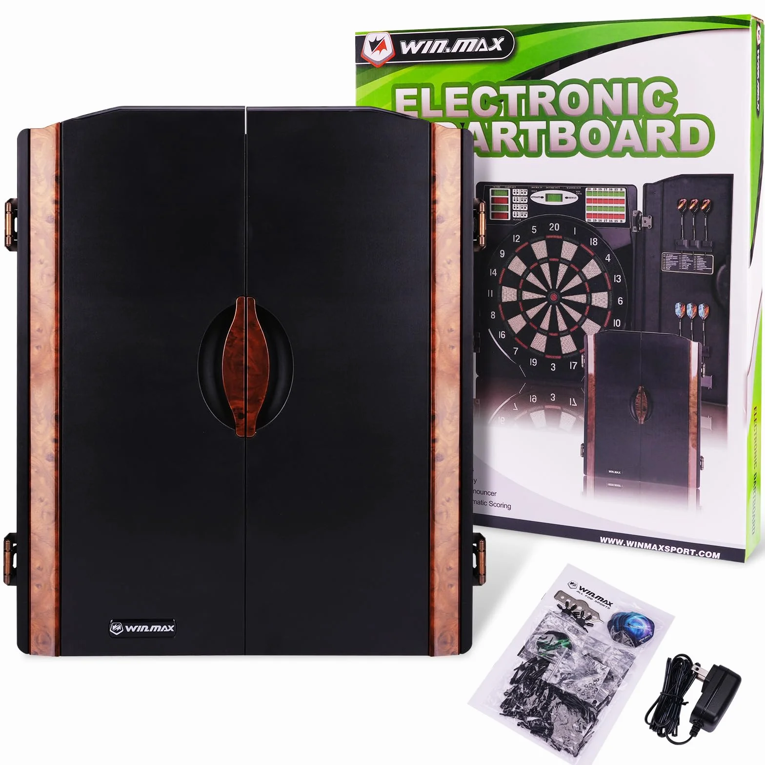 Win.max - Bersaglio elettronico per freccette con LED, display digitale, set di 12 freccette a punta morbida, con armadio