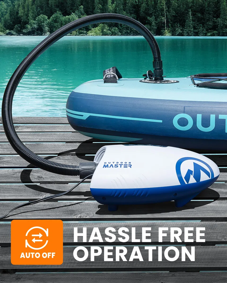 OutdoorMaster The Shark Pompa ad aria elettrica SUP ad alta pressione con 20 PSI 12 V DC Sistema di raffreddamento attivo intelligente a due stadi per gonfiare paddle board barche