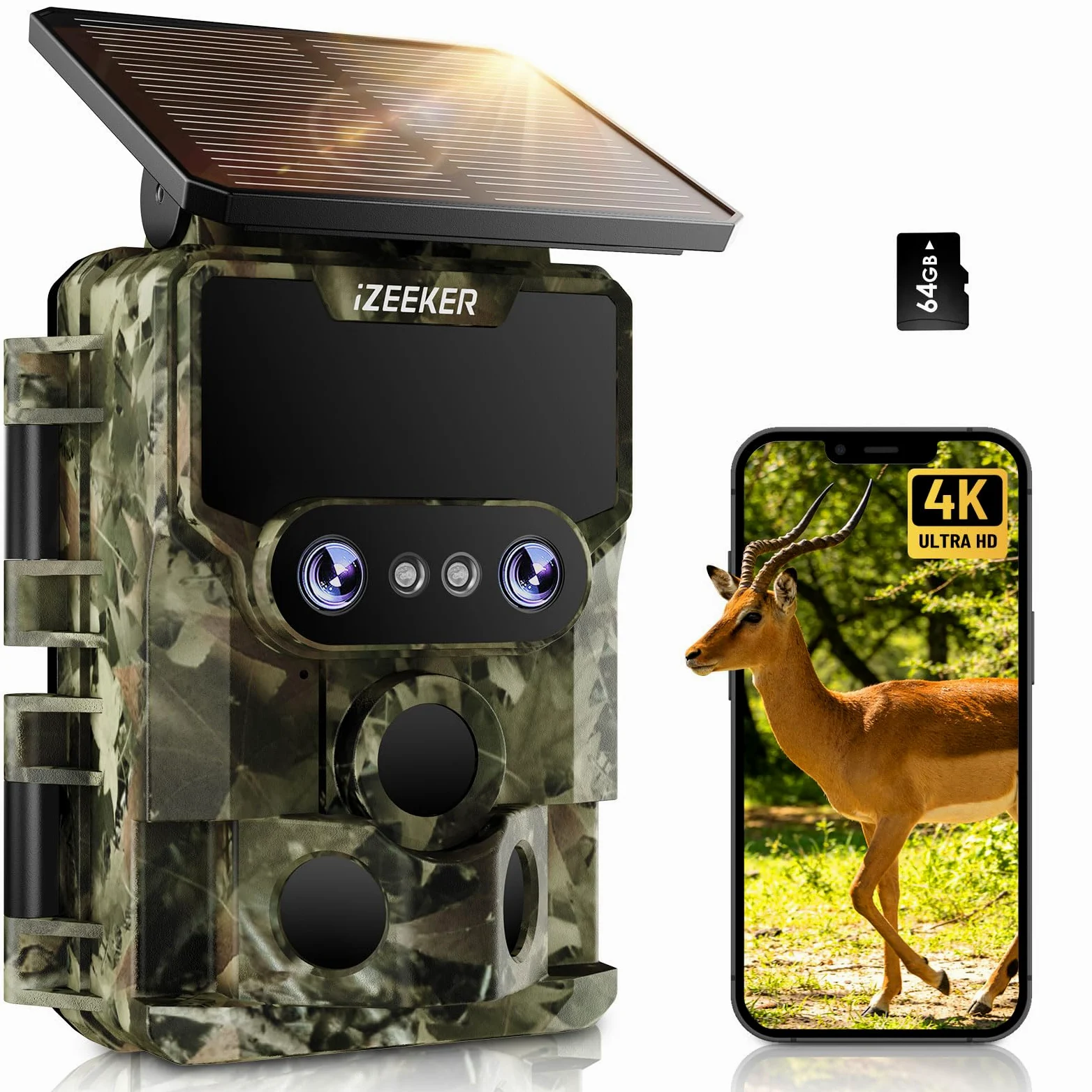 iZEEKER iG600 Fototrappola con Doppia Lente 4K 30fps 64MP, con Scheda SD 32GB, WiFi Bluetooth Fotocamera Caccia Visione Notturna Starlight Angolo di Rilevamento 120° Tempo di Trigger 0,1s IP66