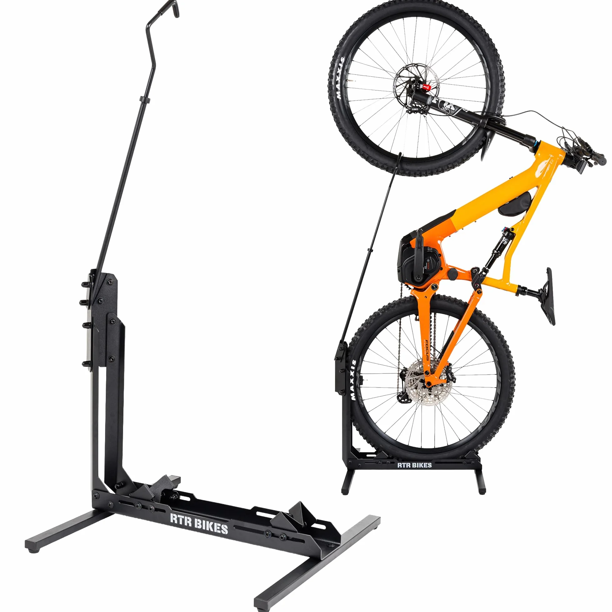 RTR BIKES Brutus Up Cavalletto Bici Verticale e Orizzontale – Supporto Pavimento Salvaspazio per E-Bike e MTB fino a 30kg – Ruote 24-29" e Gomme 3,5" – Made in EU