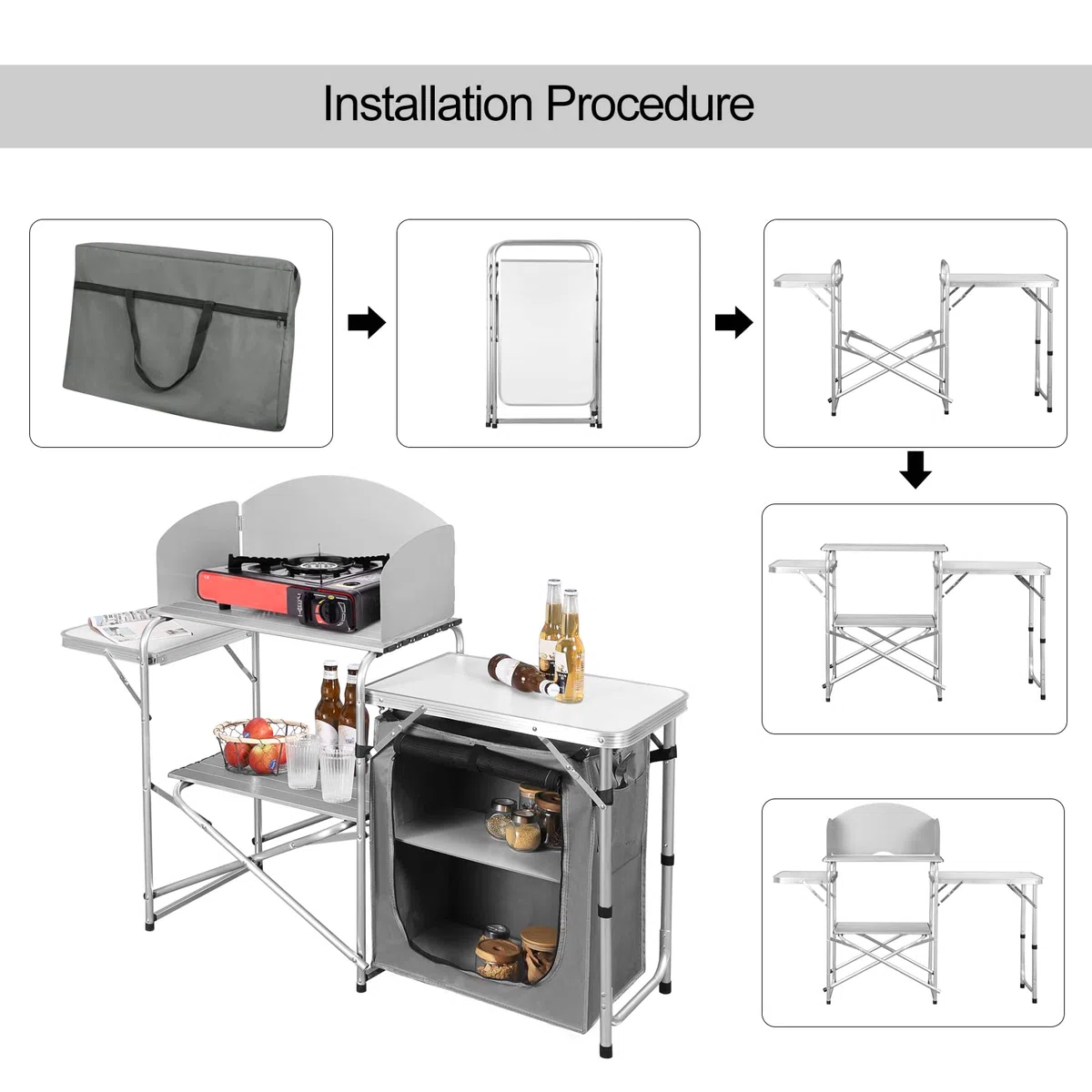 WOLTU Mobile Cucina da Campeggio Tavolo Pieghevole da Giardino Armadio da Campeggio Tavolo Campeggio Tavoli a Valigetta da Balcone da Cucina in Alluminio e MDF con Sacca di Trasporto