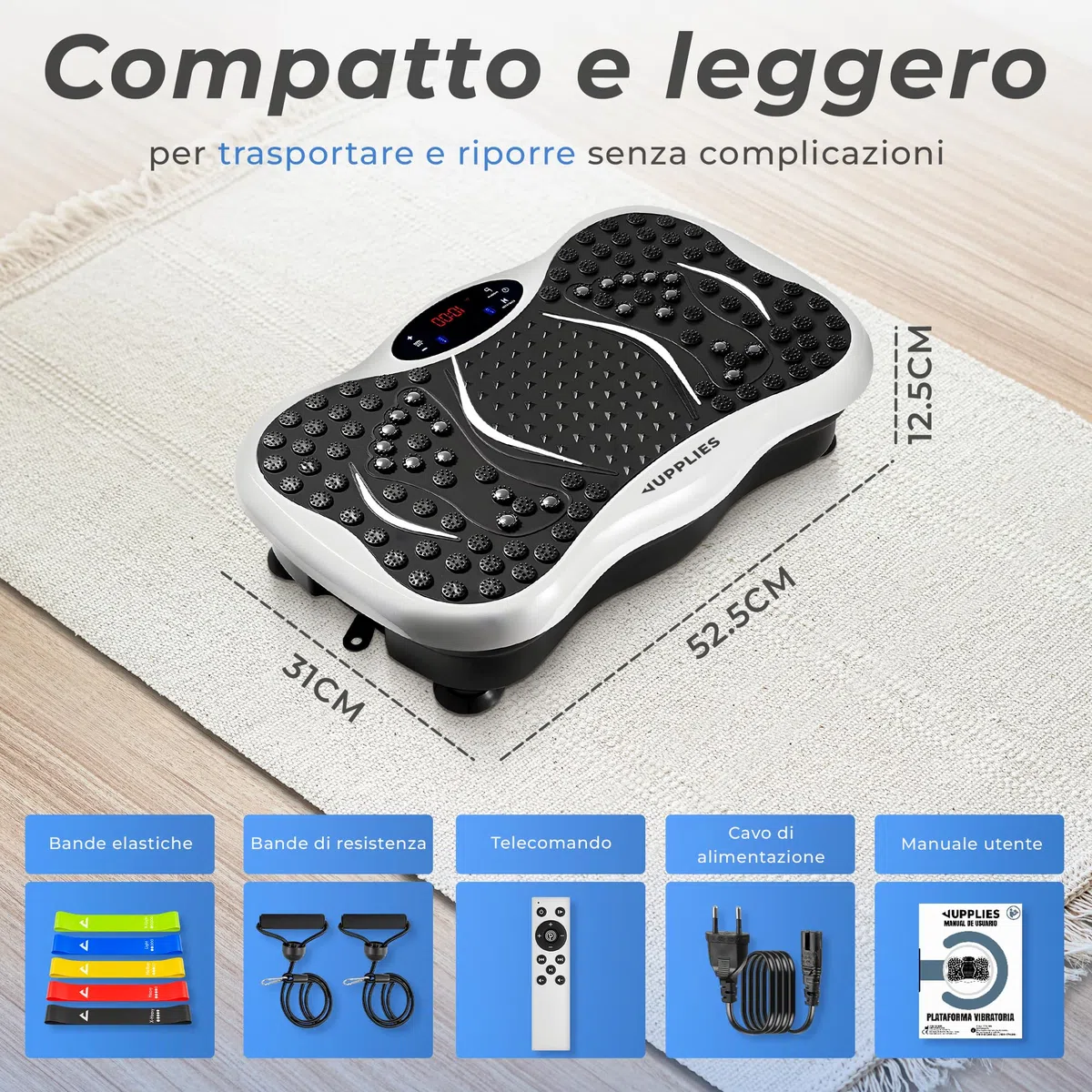 JUPPLIES Pedana Vibrante Dimagrante con 5 Programmi Automatici, 5 Bande Elastiche e Bluetooth – Piastra Vibrante Fitness per Allenamento, Recupero Muscolare e Circolazione Gambe
