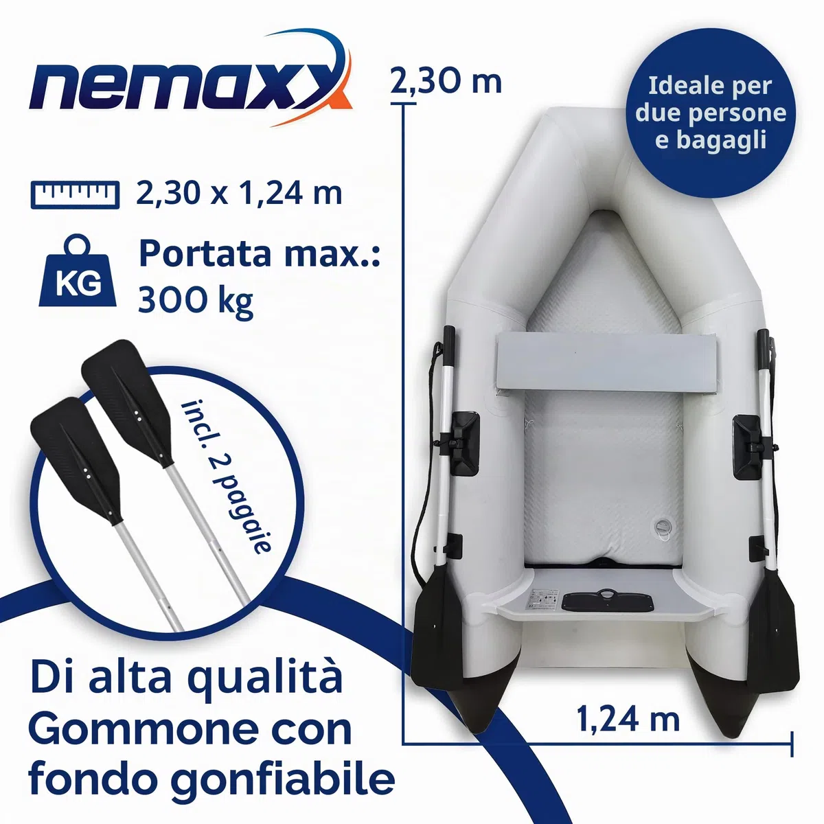 NEMAXX® Gommone 230/330/380 cm per 2/5/7 persone – Barca a pagaia/da pesca e a remi – Fondo gonfiabile/fondo in alluminio, motorizzabile, fino a 905 kg – incl. 2 remi, pompa, borsa, kit di riparazione
