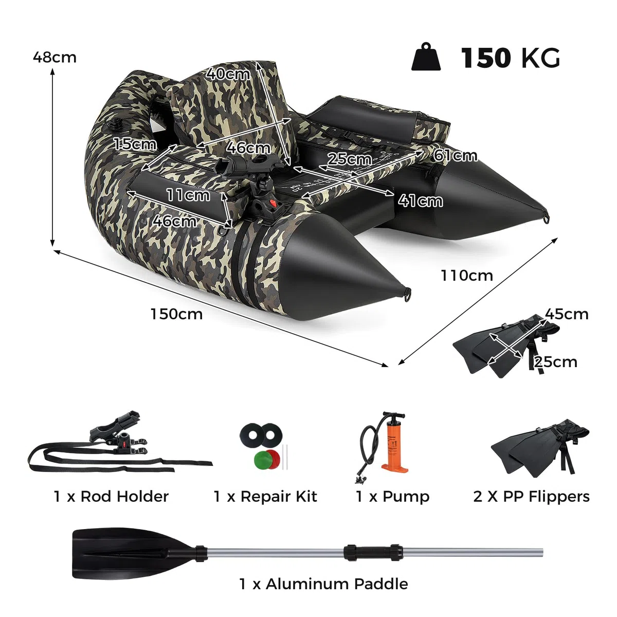 HOMASIS Barca da Pesca Gonfiabile a Forma di V, Barca Galleggiante Gonfiabile con Supporto per Canne con Stoccaggio di Attrezzature, Barche da Pesca a Mosca con Pinne, Remi e Pompa, 150 x 110 x 48 cm,