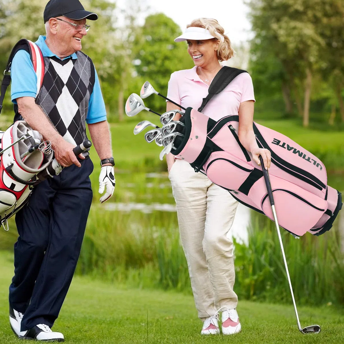 COSTWAY Set di Mazze da Golf per Donne, Include Driver in Lega di Alluminio, Legno da Fairway 3, Ibrido 4, Ferri 6, 7, 8 e 9, Putter, Sacca da Golf con Cinghie, Rosa, 24 x 24 x 115,5 cm