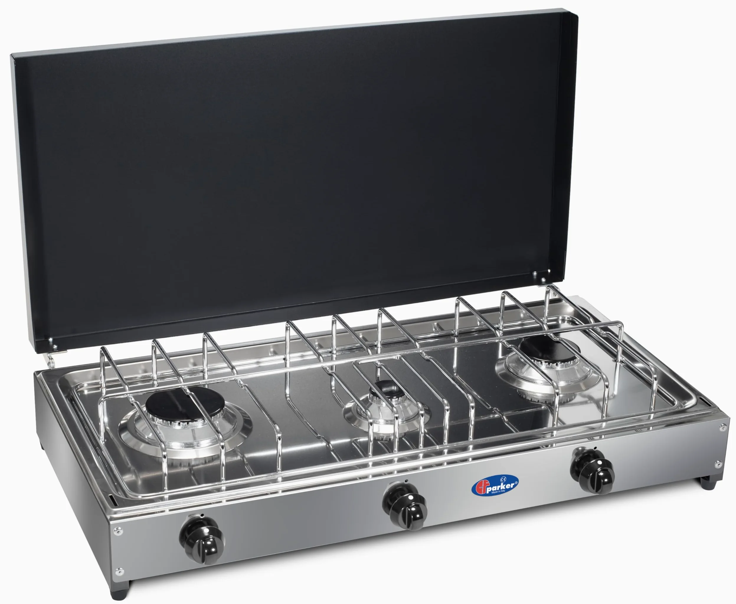CFParker Fornello 3 Fuochi a Gas Metano con Pianale in Acciaio Inox e Coperchio Grigio Grafite per Uso Esterno - 5523GSPm