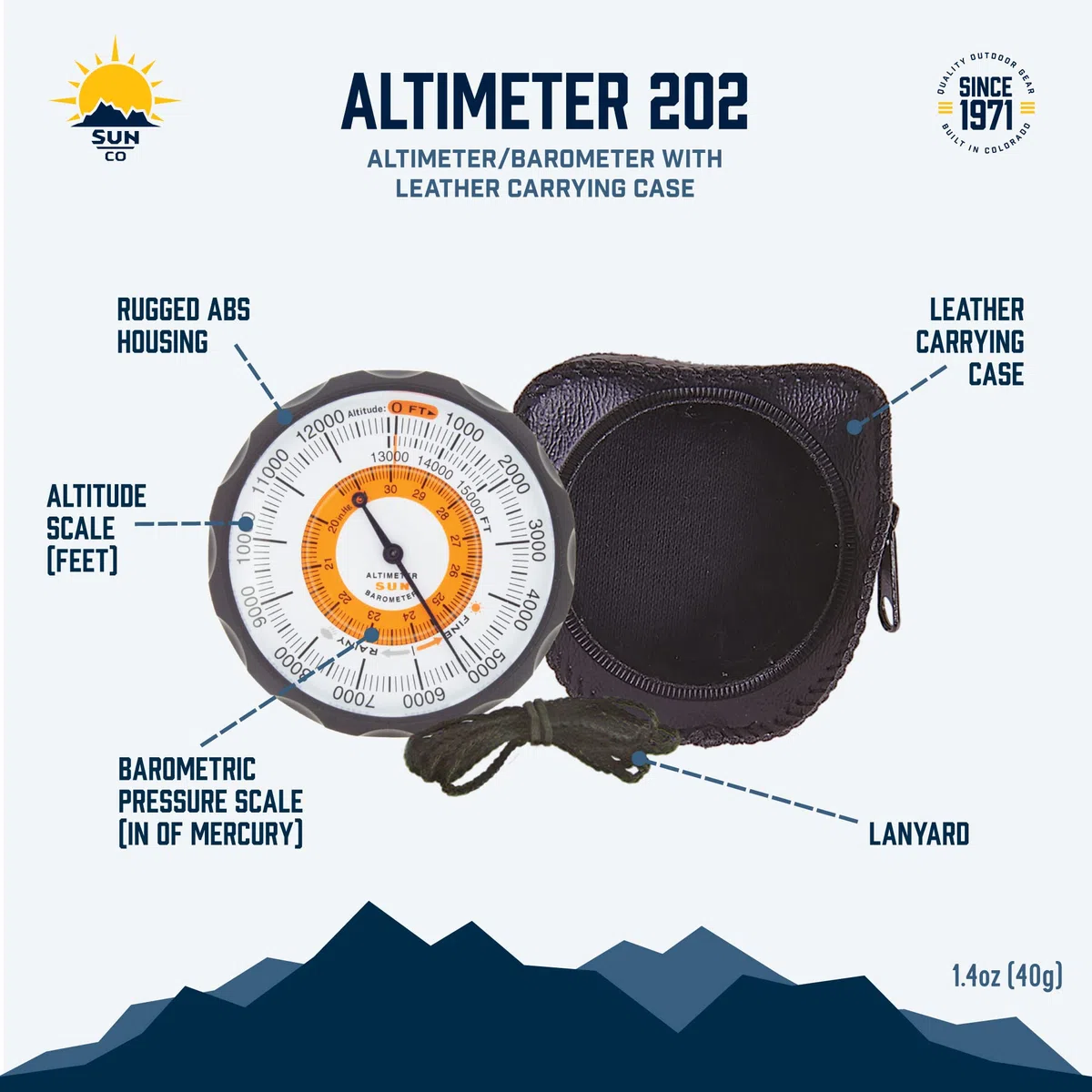 Sun Company Altimetro 202M - Altimetro e barometro Senza Batteria | Indicatore di Tendenza del Tempo con Custodia in Pelle Morbida | Lettura altitudine da 0 a 5.000 Metri