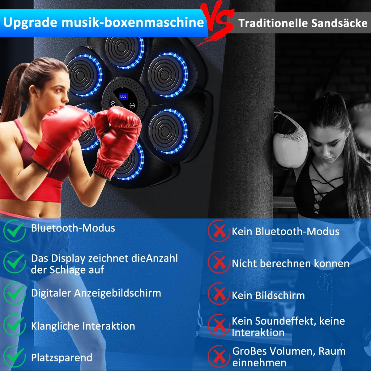 Macchina da boxe musicale Smart Boxing Machine Disco da boxe montato a parete con guanti da boxe per adulti e bambini, supporto Bluetooth, 9 funzioni, 18 velocità regolabili e modalità di conteggio