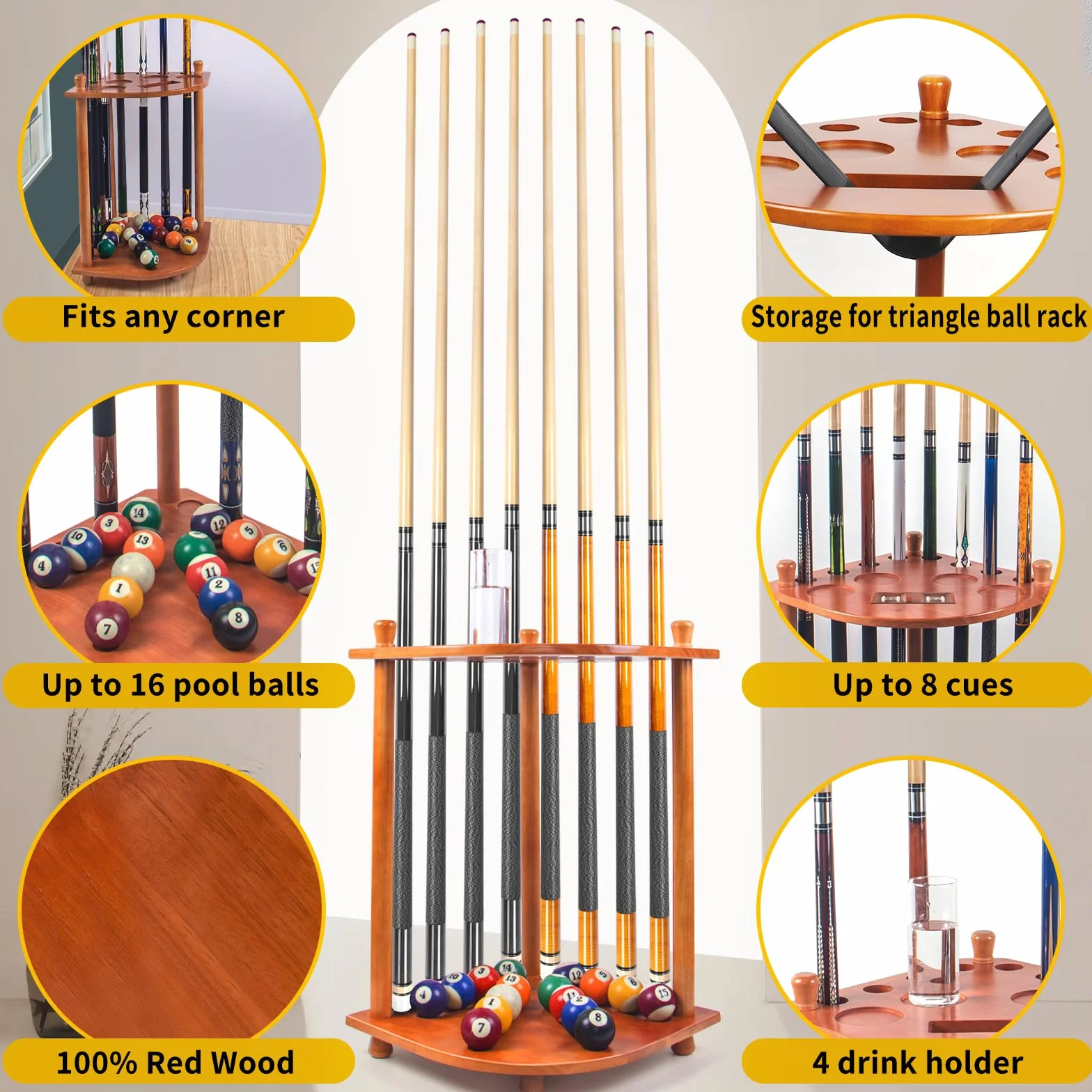 AKLOT Porta Stecche da Biliardo, Supporto per Bastoncini da Biliardo 16 Supporti per Palline da Biliardo Contiene 8 Bastoncini e Set Completo di Palline da Biliardo