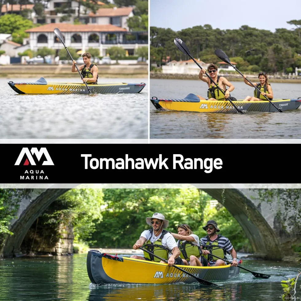 Aqua Marina Tomahawk AIR-C - Kayak/canoa gonfiabile ad alta pressione, per 2-3 persone, lunghezza 478 cm, colore: blu marino/giallo