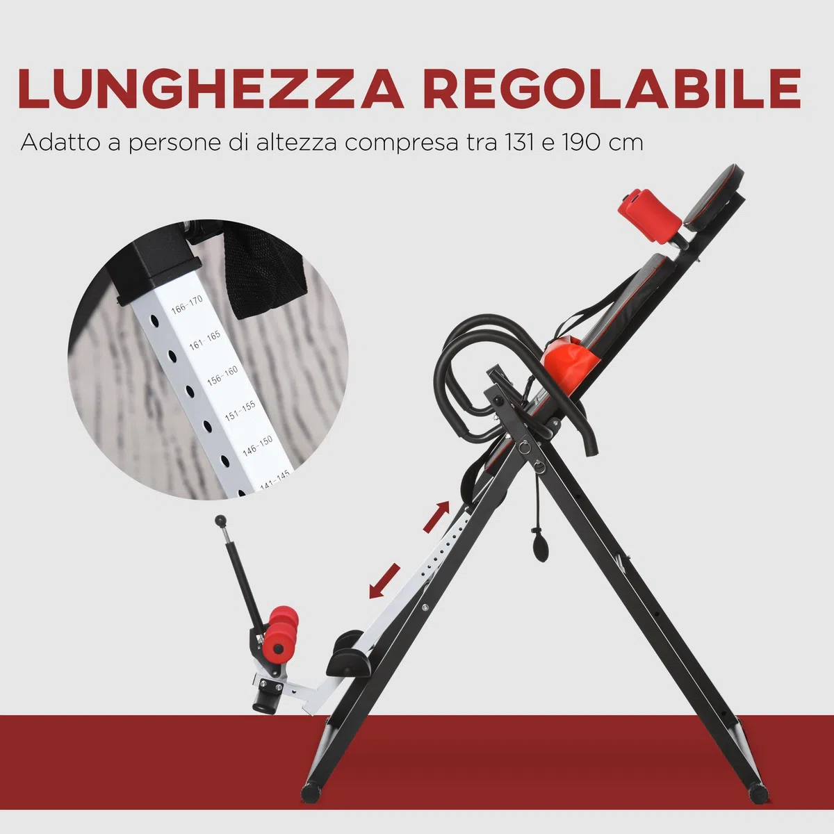 HOMCOM Panca a Inversione con Angolazione e Altezza Regolabile e Poggiatesta, Panca Inversa in Acciaio e Plastica, 79x114x153 cm, Rosso e Nero