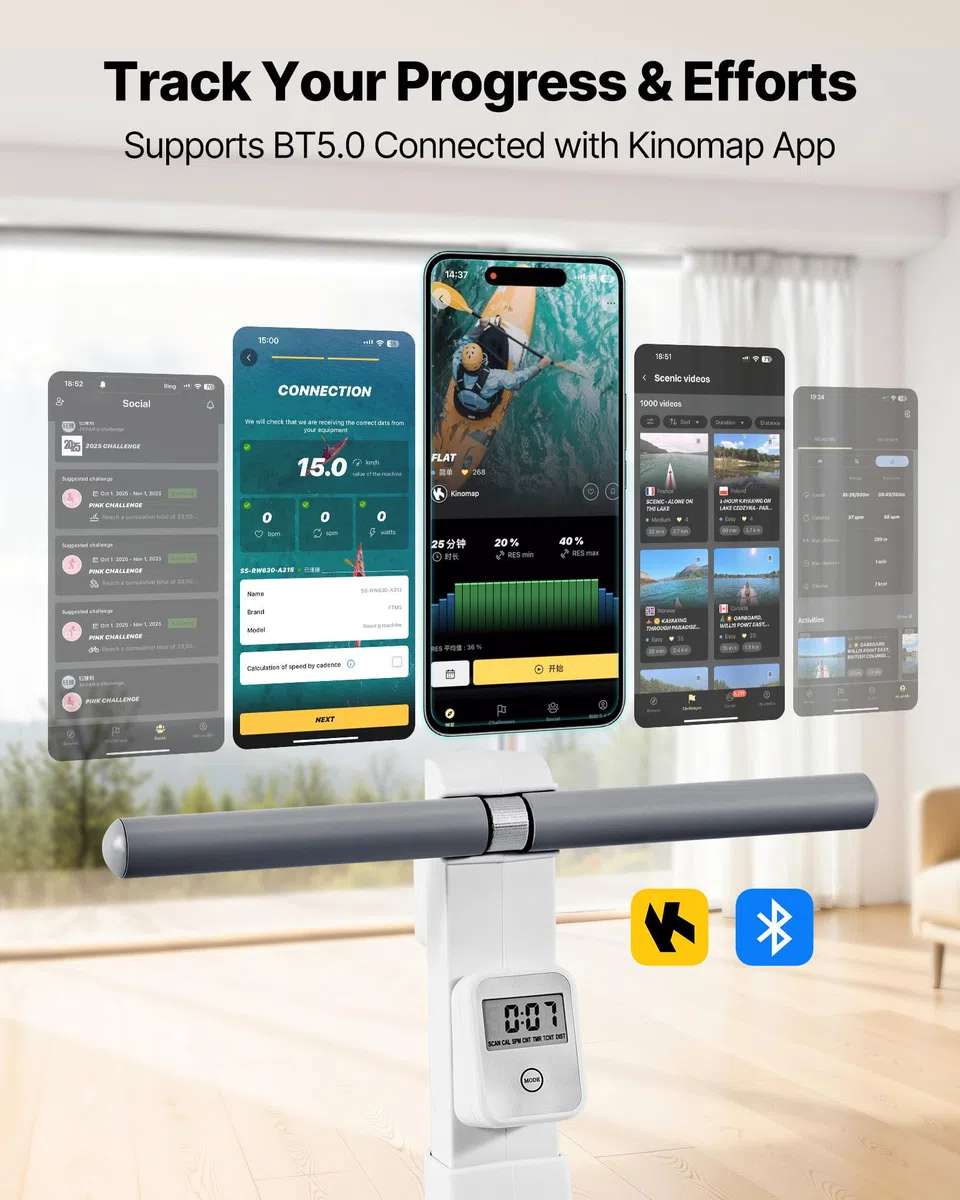 VEVOR Vogatore Magnetico Regolabile a 16 Livelli Vogatore Pieghevole per Casa Capacità di Peso da 158 kg per Allenamento Fisico Fitness, Compatibile con APP Bluetooth e Monitor LCD da Palestra