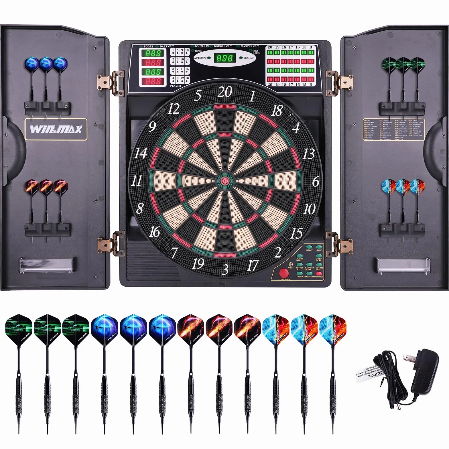 Win.max - Bersaglio elettronico per freccette con LED, display digitale, set di 12 freccette a punta morbida, con armadio