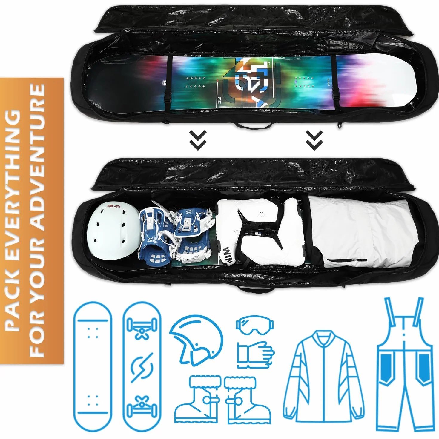 Borsa da viaggio per snowboard, 163 cm, imbottita, per scarponi da sci, attrezzatura da sci
