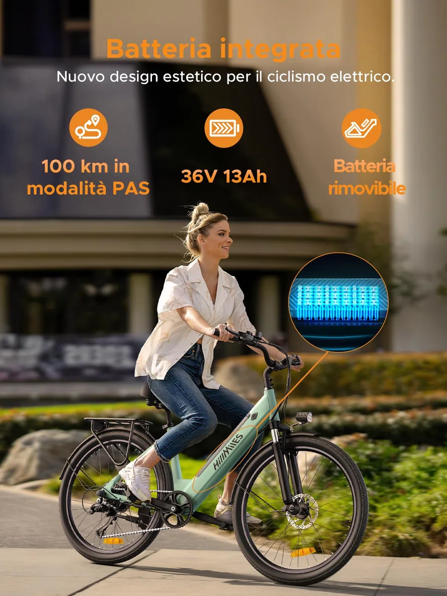 HillMiles Bici Elettrica Per Adulti Da 26", 7 Velocità Bicicletta Elettrica da 36V 13Ah Batteria Rimovibile, 25km/h & Autonomia di 80-100km E-bike Per Pendolari Urbani, IP65 impermeabile