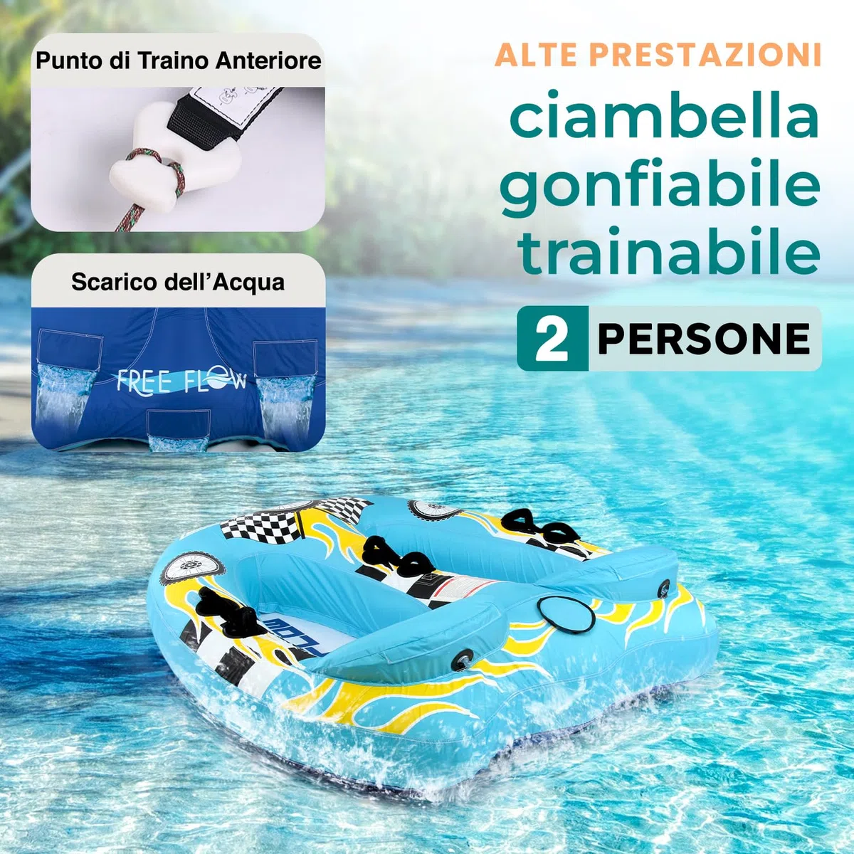 SereneLife Tubo Trainabile Gonfiabile per Sport Acquatici, Galleggiante Piscina per Due Persone, PVC, Imbottitura in Schiuma, Maniglie in Nylon