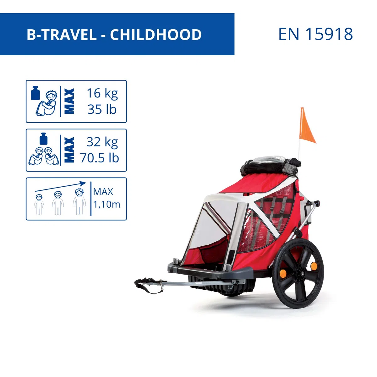 B-Travel - Rimorchio per Bambini, da Agganciare alla Bici - per Bambini di Peso Massimo 16 kg e Altezza Massima 1,10 m - Attacco alla Bici